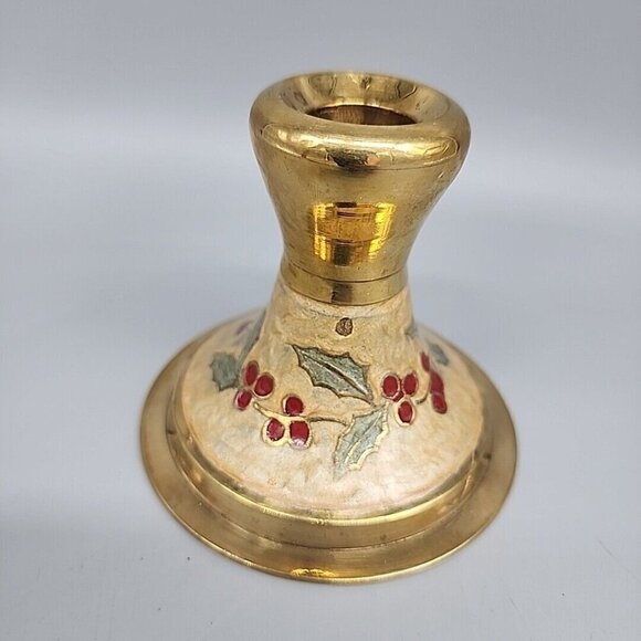 Vintage India Christmas Holly Enamel Brass Candlestick Holder 3.5" - Picture 1 of 4